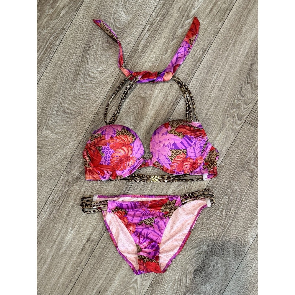 Victorias Secret Miraculous Bombshell Halter Bikini Set 34B Small Floral Leopard